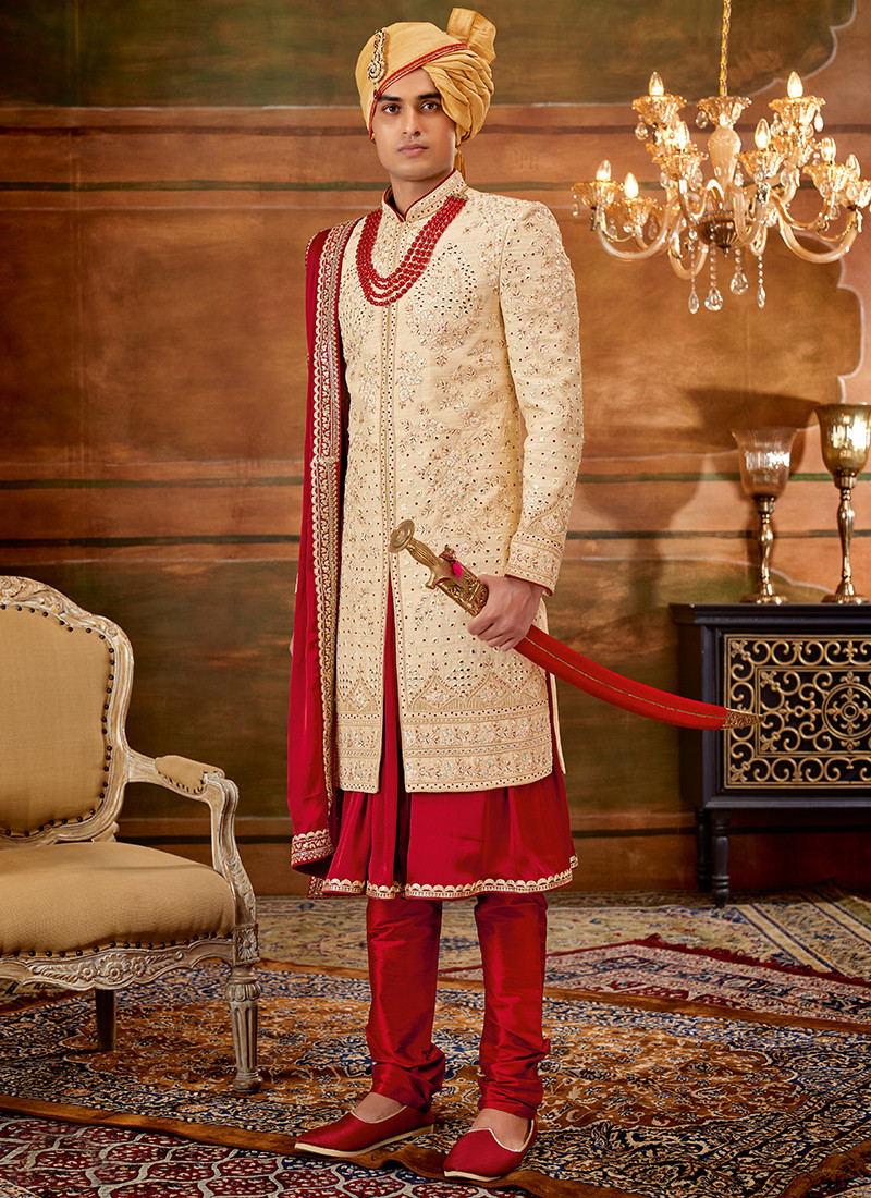 Wedding Wear Art Silk Anarkali Sherwani In Cream And Red