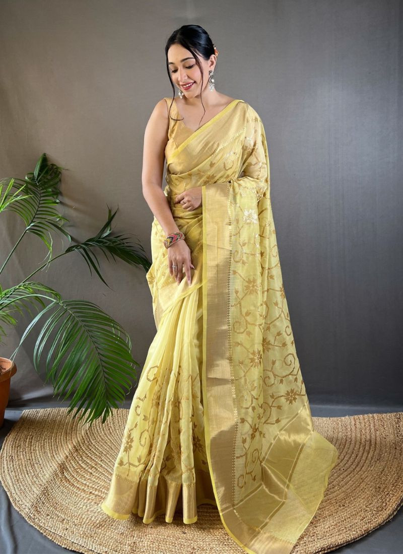 Embroidery Zari Work saree in Yellow
