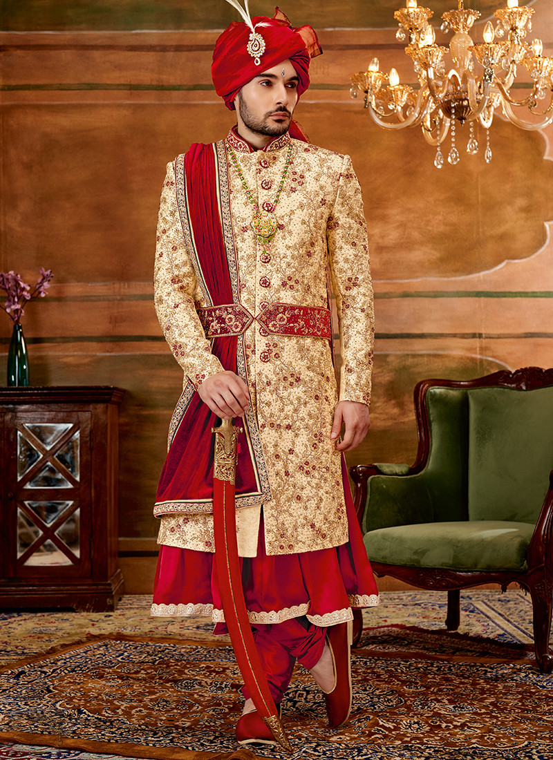 Wedding Wear Art Silk Anarkali Sherwani In Golden And Red