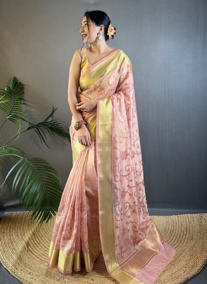 Embroidery Zari Work saree in Pink