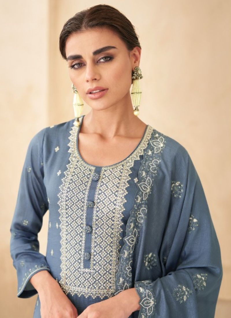 Embroidery Premium Silk Suit Set in Teal Blue