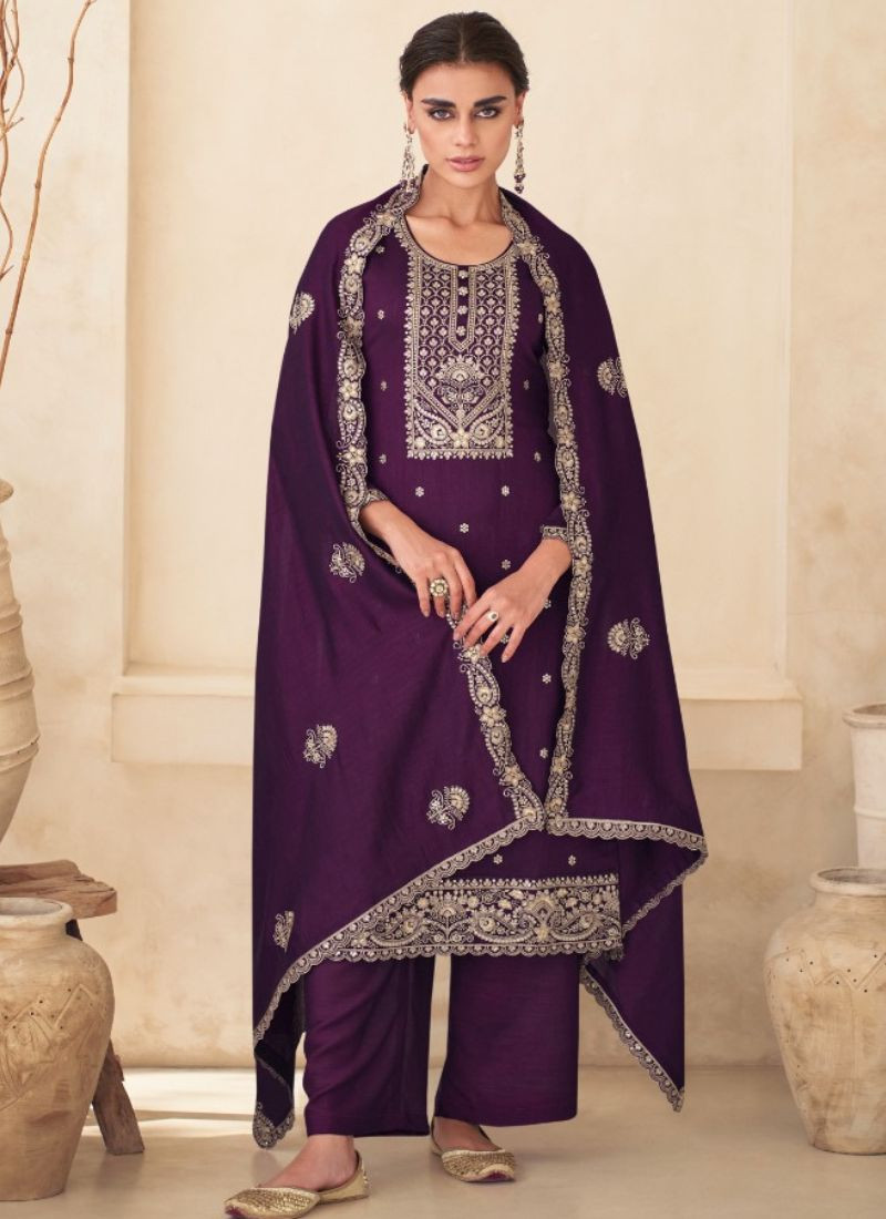 Embroidery Premium Silk Suit Set in Purple