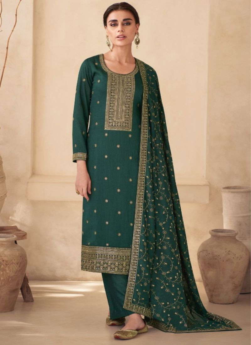 Embroidery Premium Silk Suit Set in Green