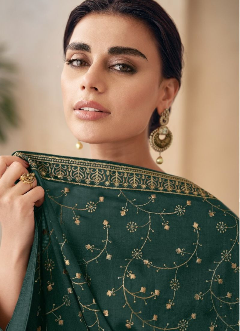 Embroidery Premium Silk Suit Set in Green