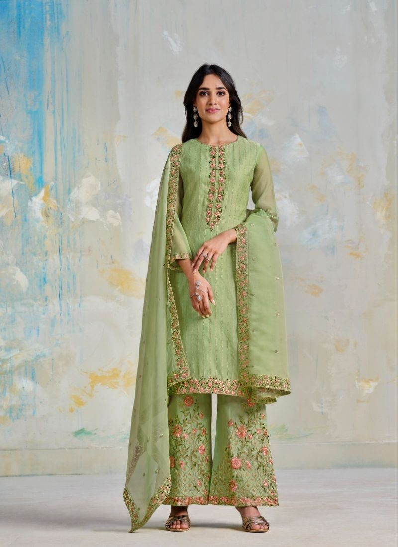 Embroidery Organza Satin Suit Set in Light Green