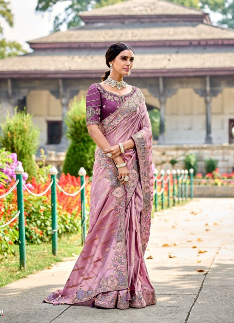 Embroidery silk saree in Peach Pink