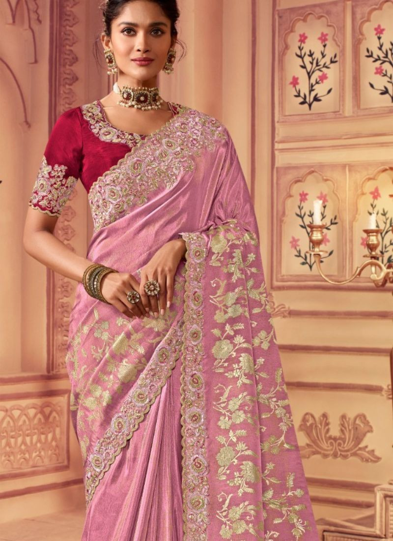 Zari Embroidery Fancy Saree in Pink