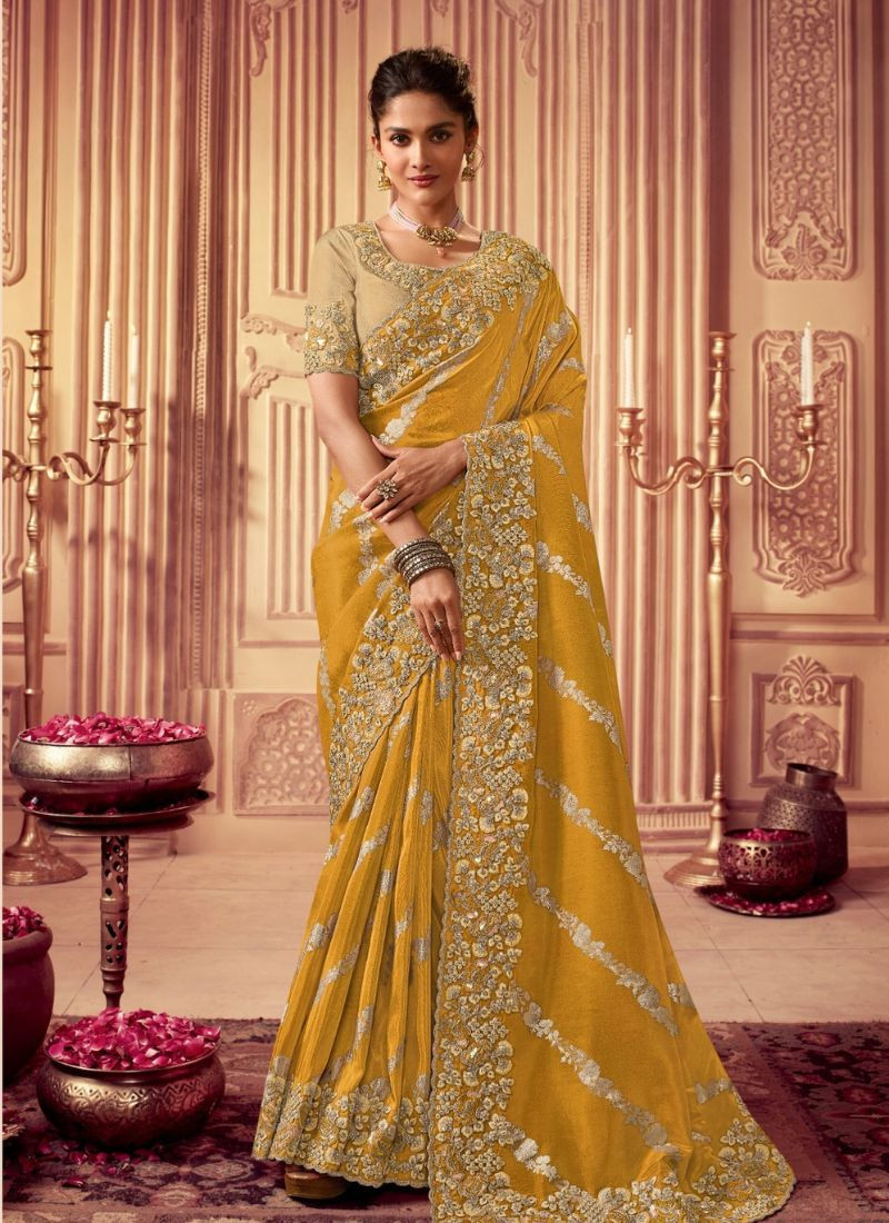 Zari Embroidery Fancy Saree in Yellow