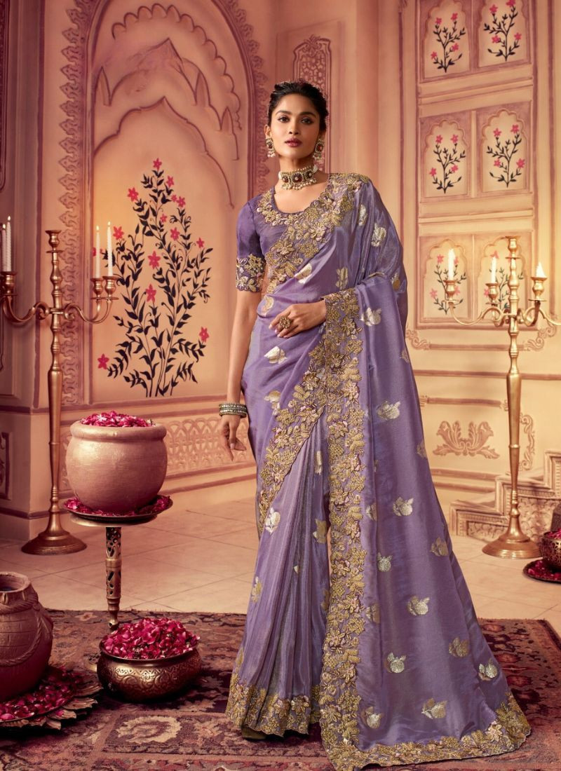 Zari Embroidery Fancy Saree in Purple
