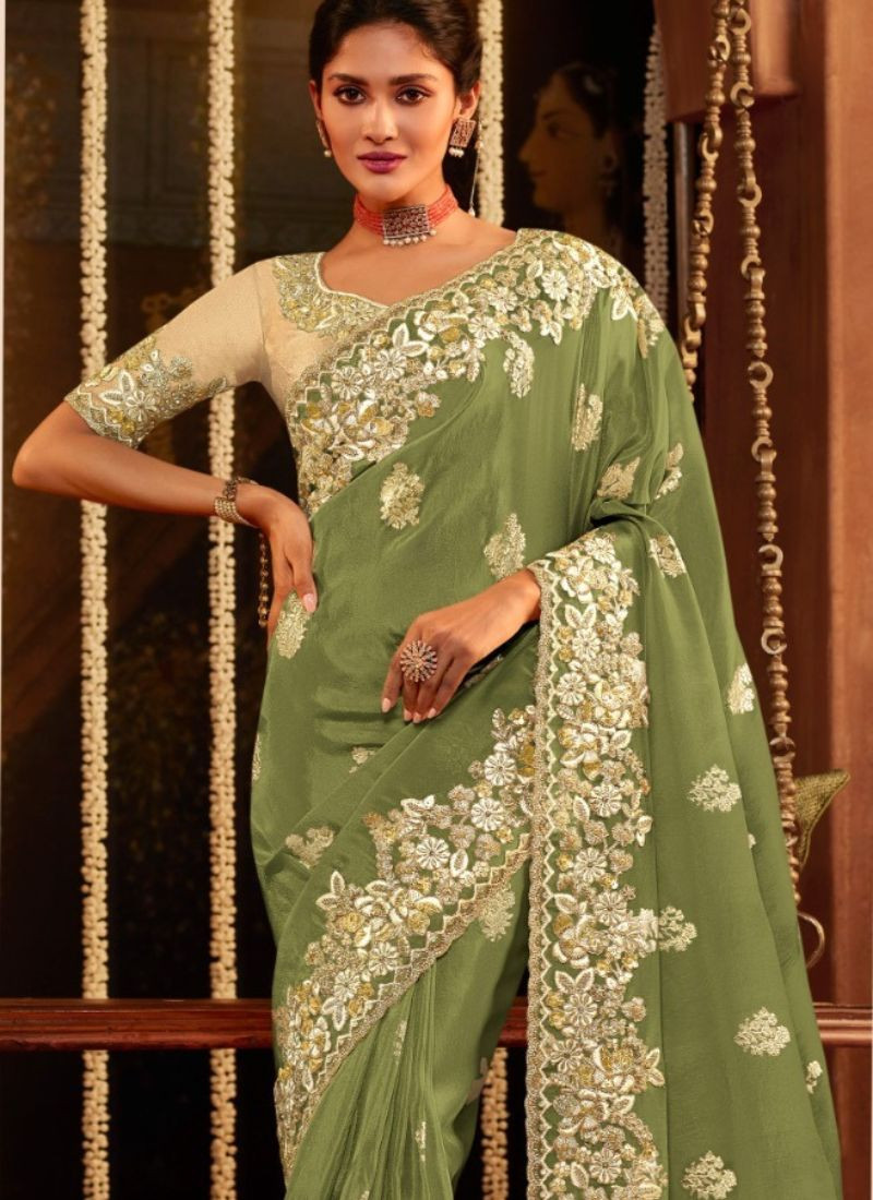 Zari Embroidery Fancy Saree in Green
