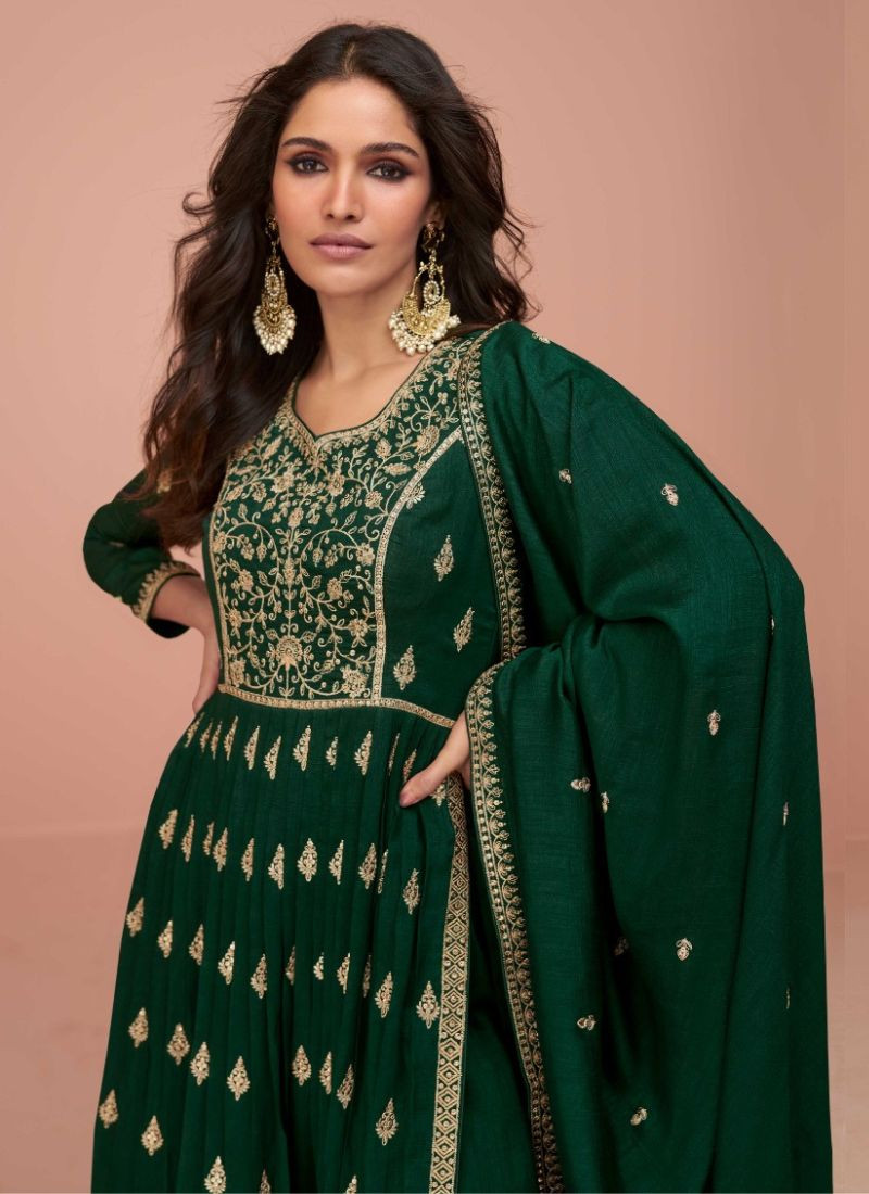 Embroidery Premium Silk Suit in Green