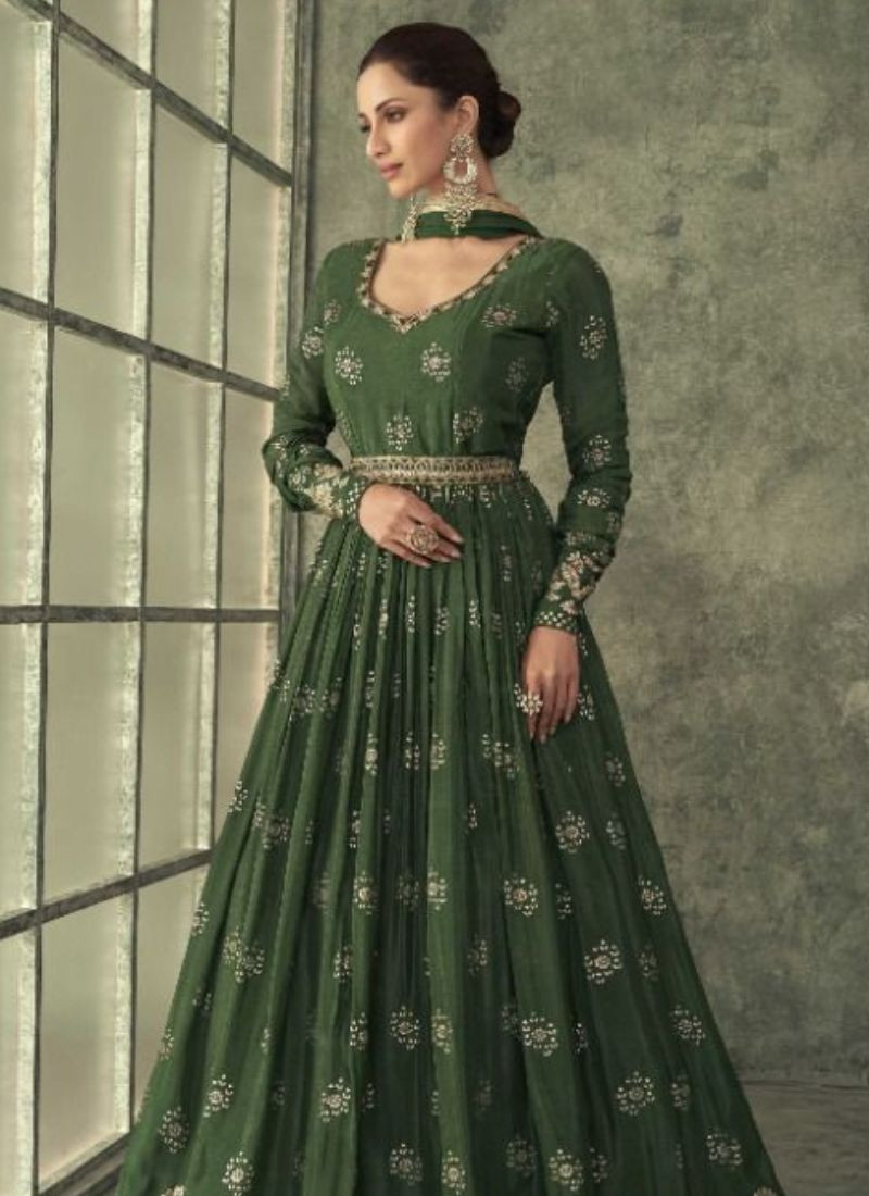 Embroidery Pure Viscose Silk Gown in Green
