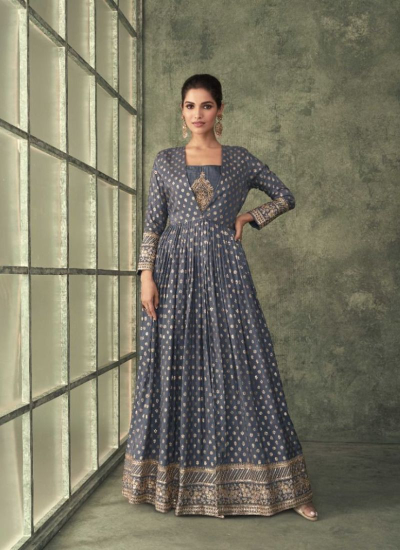 Embroidery Pure Viscose Silk Gown in Blue