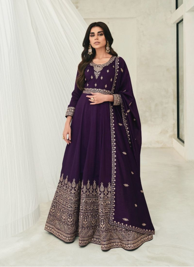 Embroidered Premium Silk Gown in Purple