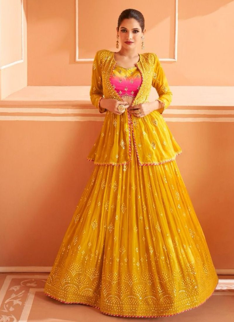 Embroidered Georgette Crop-Top Set in Yellow