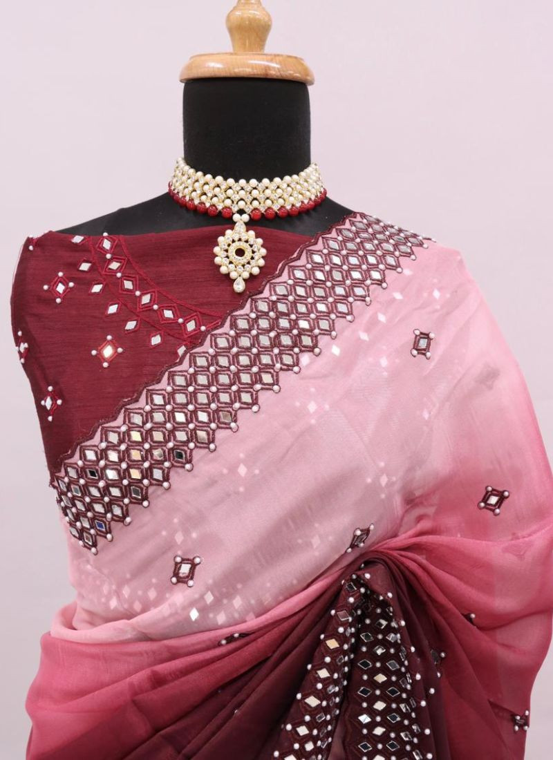 Embroidery Micro Silk Saree With Mirror Work in Maroon & Pink