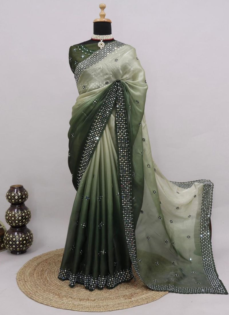 Embroidery Micro Silk Saree With Mirror Work in Olive Green