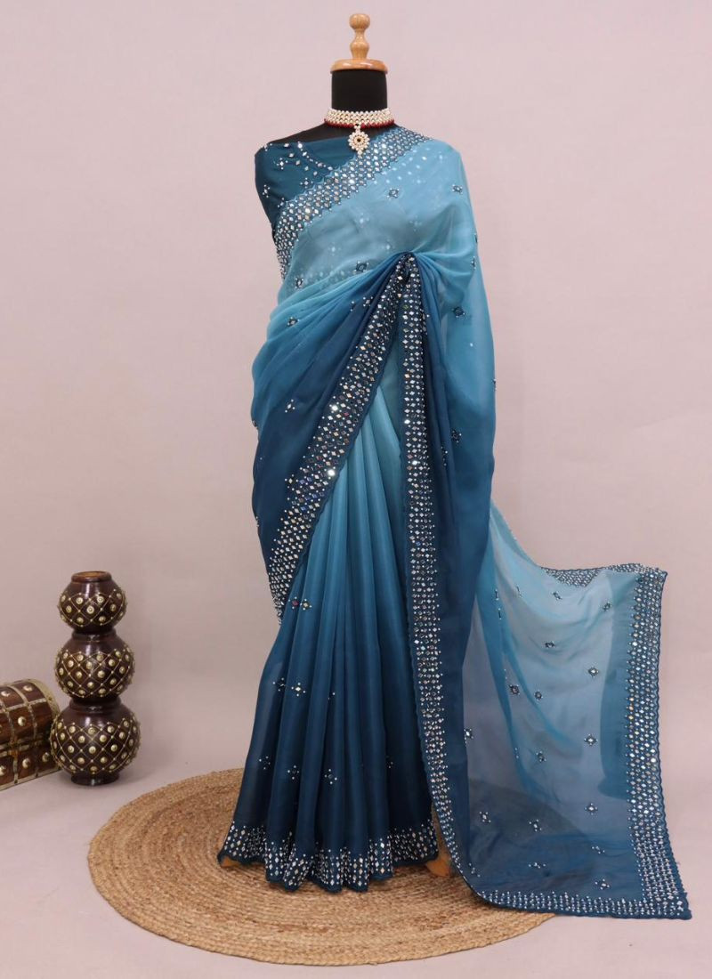 Embroidery Micro Silk Saree With Mirror Work in Sky Blue
