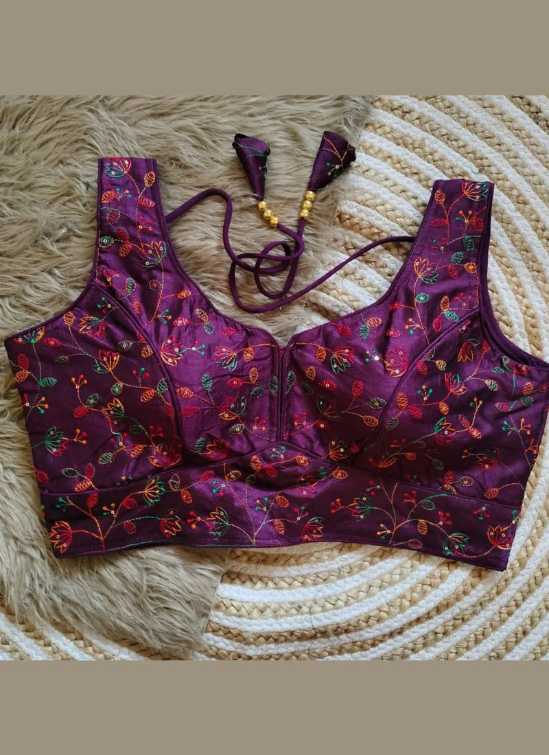 Embroidery Phantom Silk Blouse in Purple