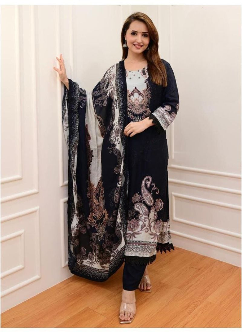 Embroidery & Digital work Pure Muslin Suit in Black & White