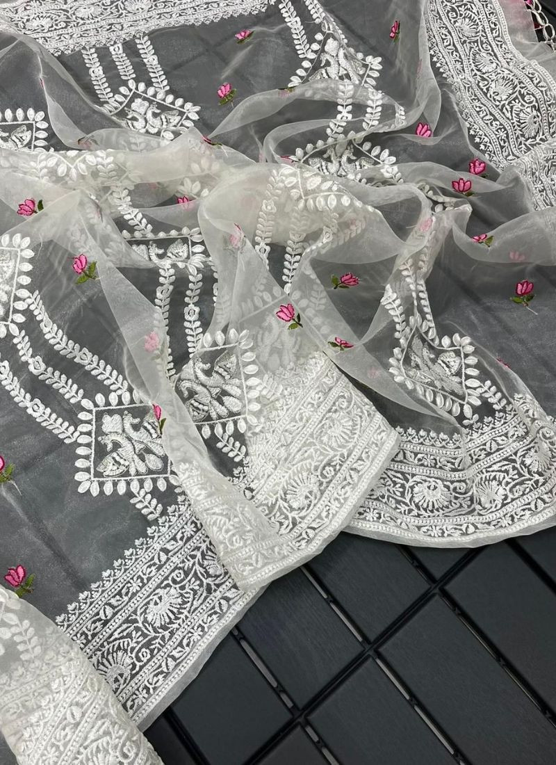 Embroidered Lucknowi Organza Silk Saree in White