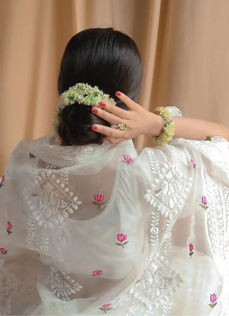 Embroidered Lucknowi Organza Silk Saree in White