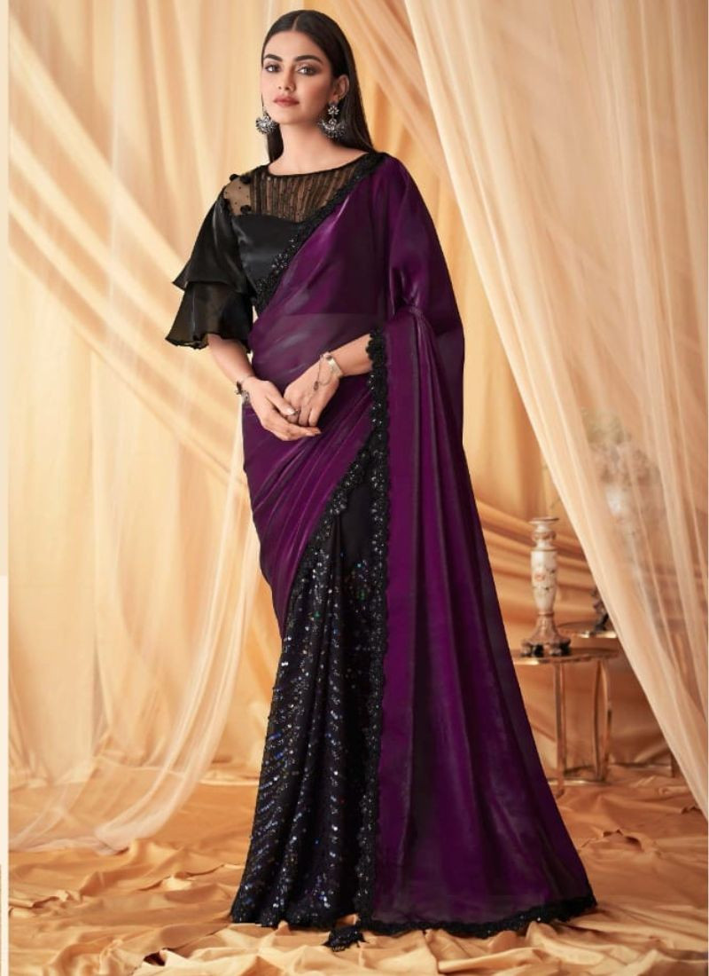 Glass Silk Georgette Saree In Black And Purple