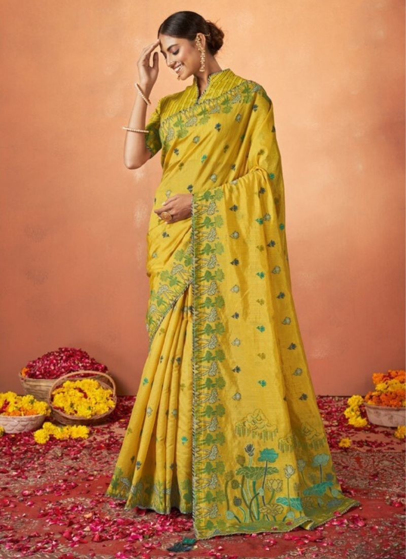 Tusser Silk Saree in Yellow