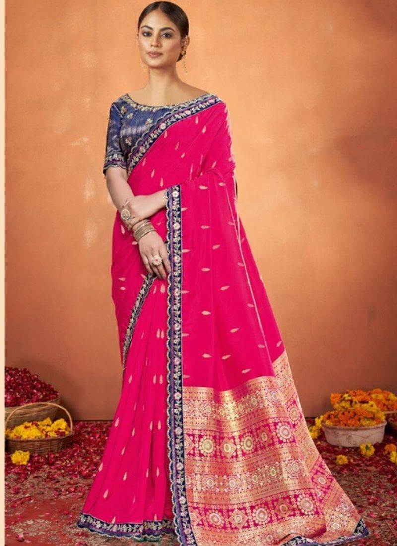 Pure Viscose Weaved Silk Saree in Cerise Pink