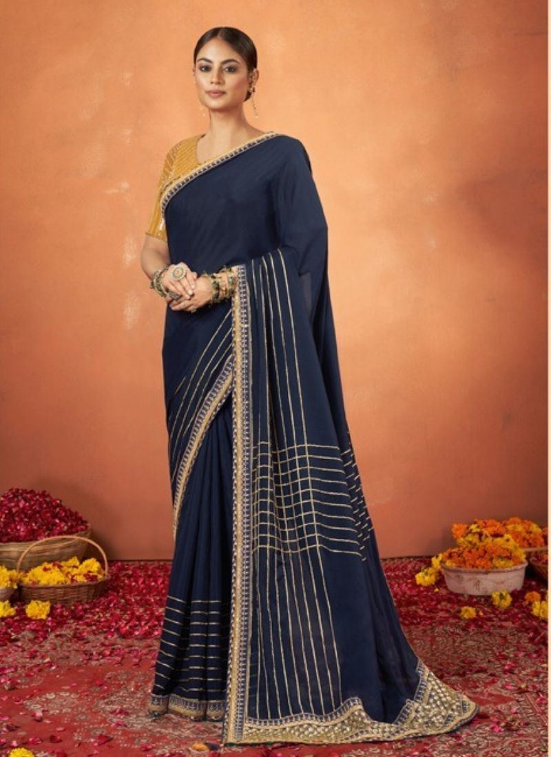 Embroidery sequence Crepe Silk Saree in Blue