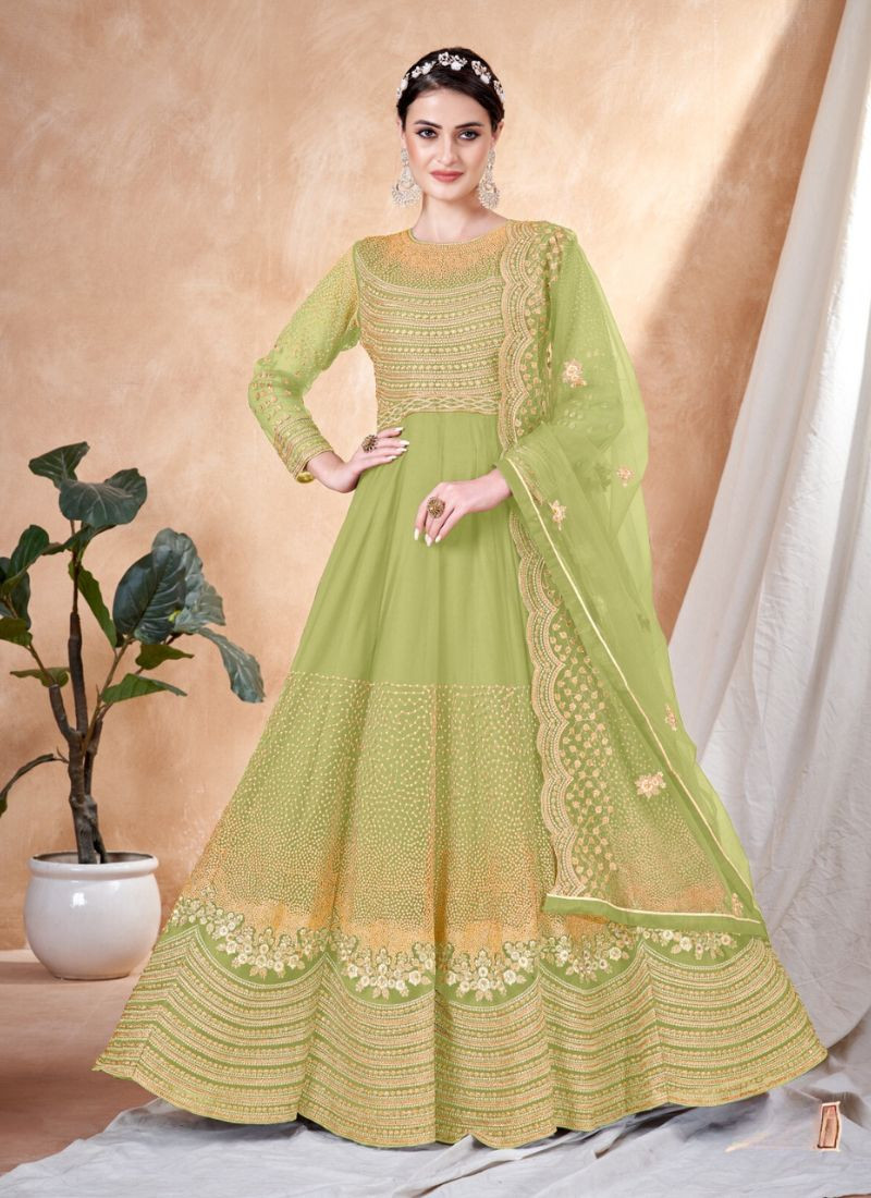 Embroidery Sequence zari Work Net Gown in Light Green