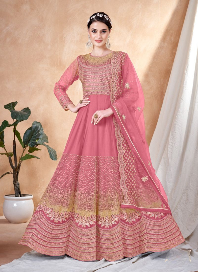 Embroidery Sequence zari Work Net Gown in Pink