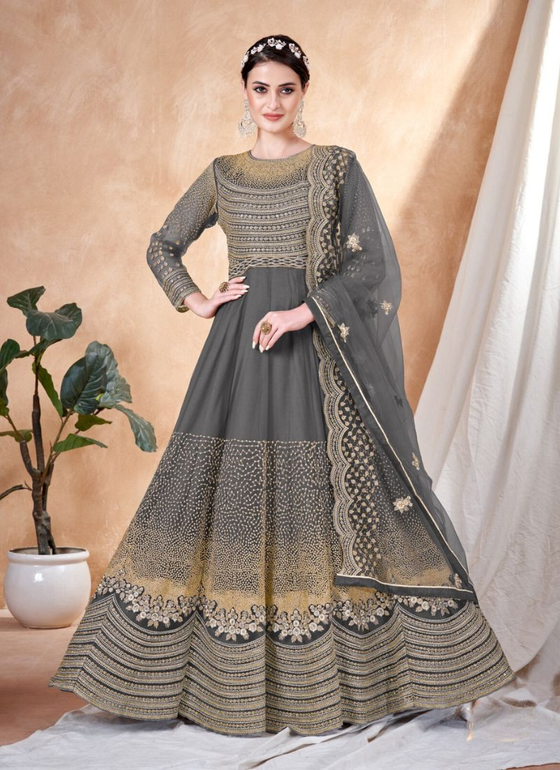 Embroidery Sequence zari Work Net Gown in Grey