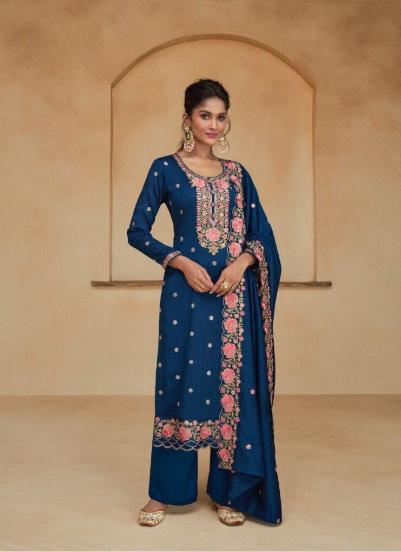 Embroidery zari Work Premium Silk Suit in Teal Blue