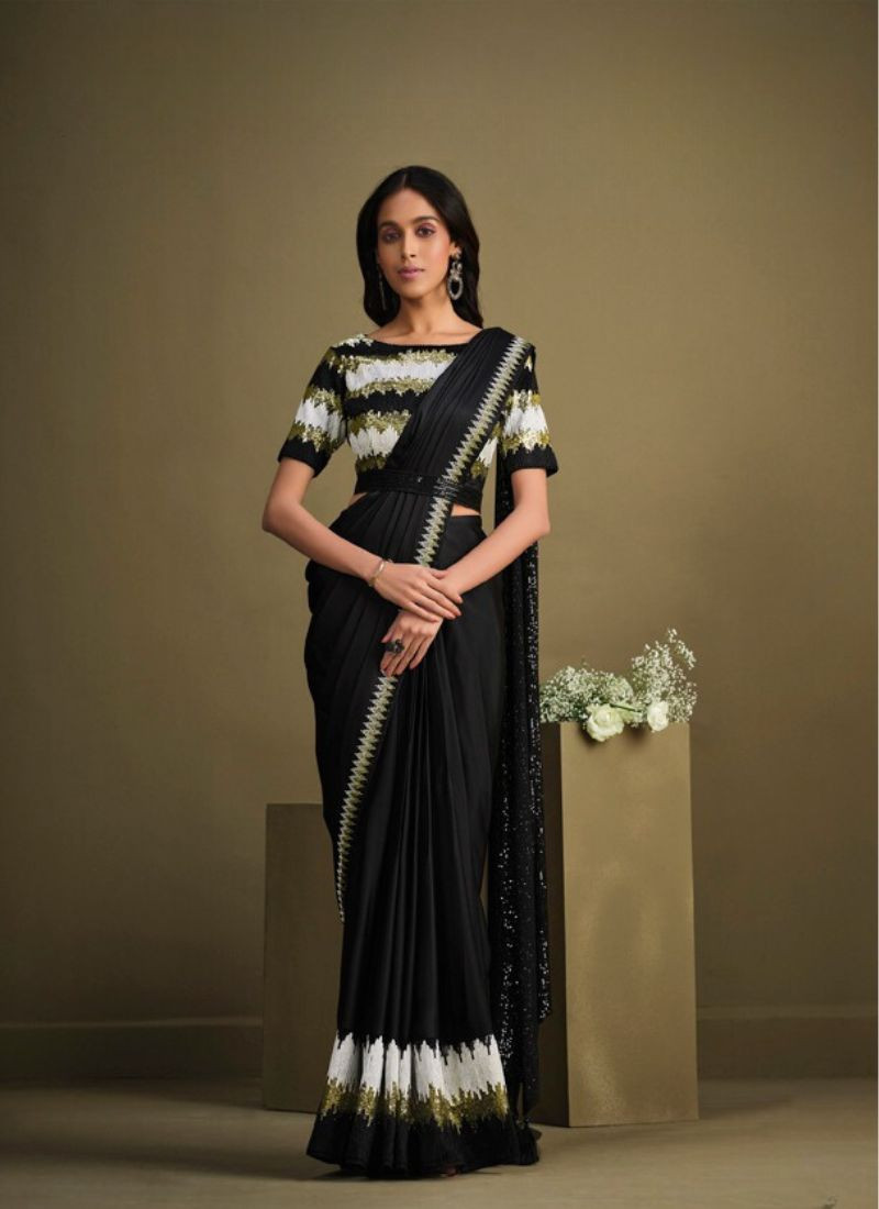 Crepe Silk Saree With Sequence Work  In Black