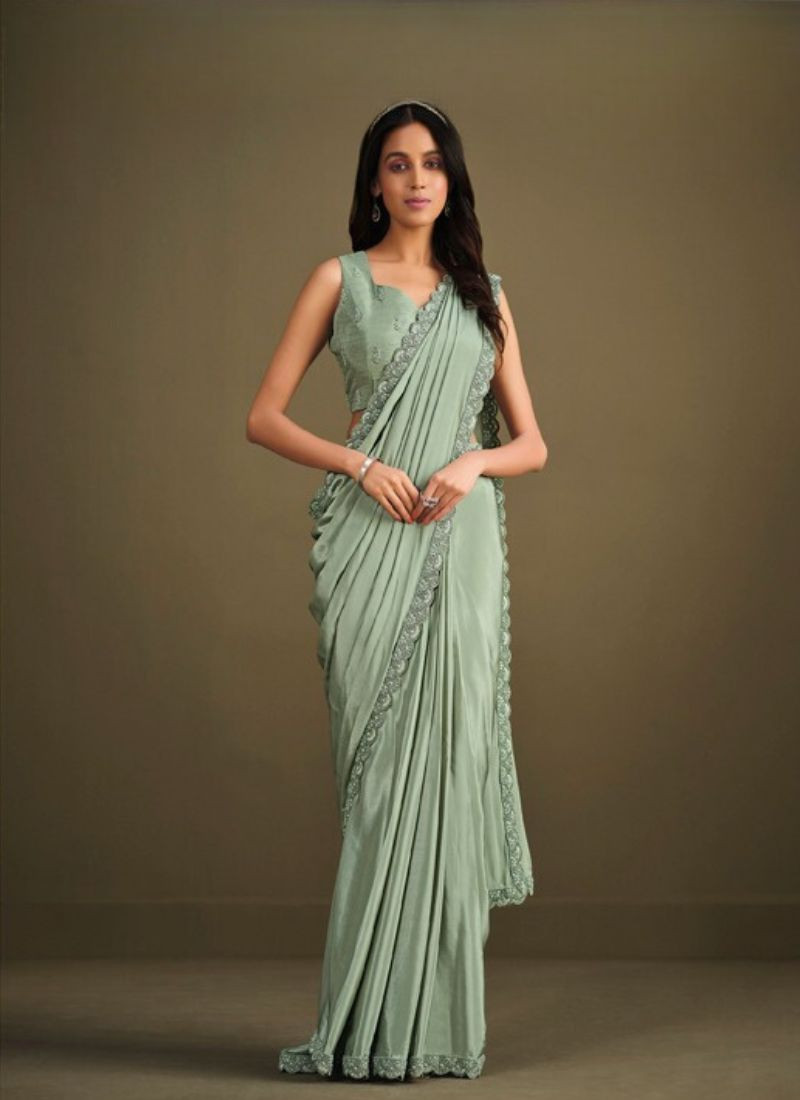 Crepe Silk Saree With Jacket In Pastel Green