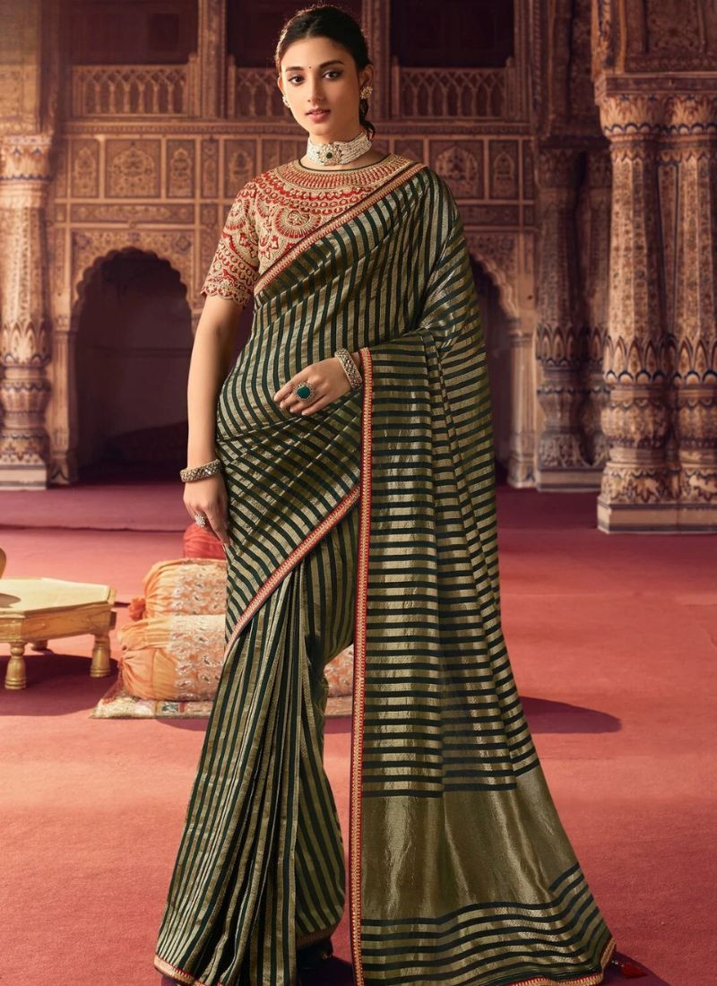 Embroidered Viscose Saree in Green