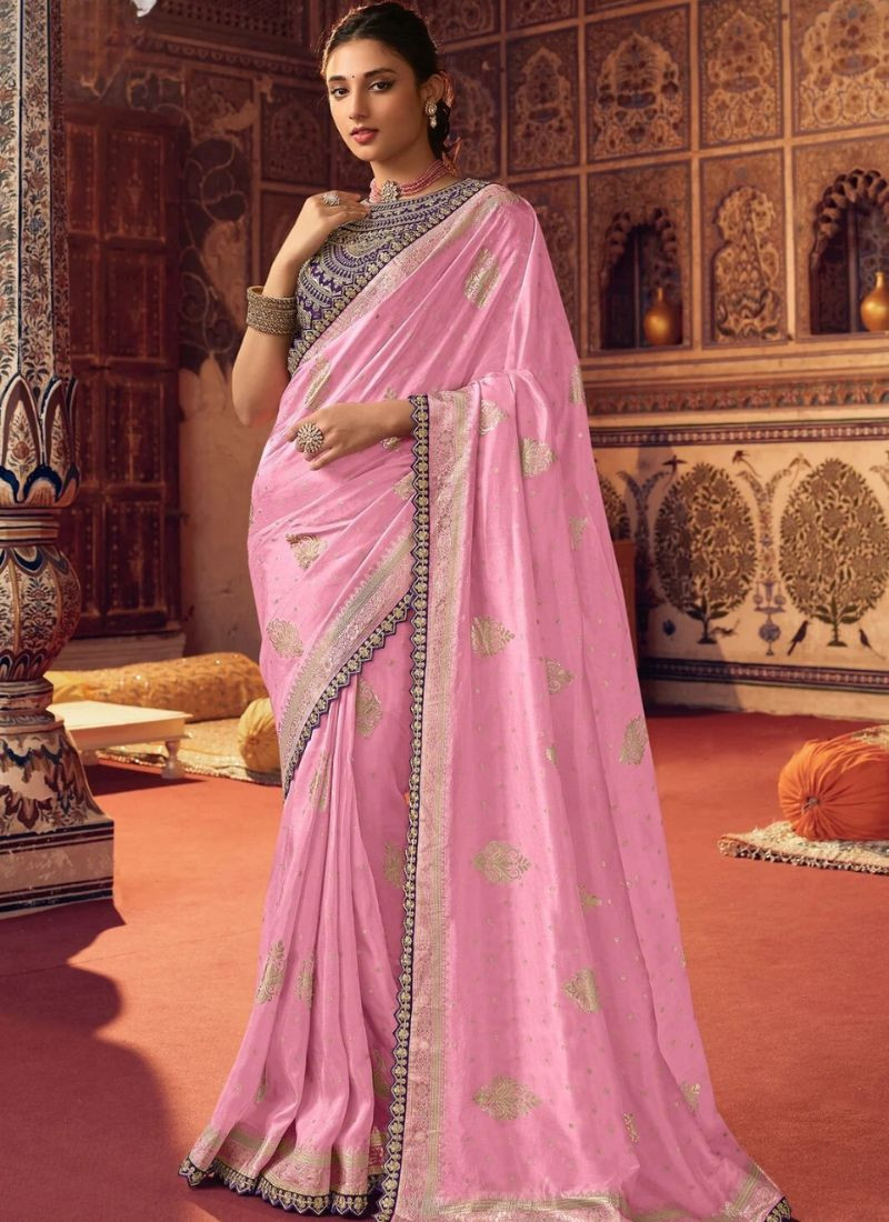 Embroidered Viscose Saree in Pink