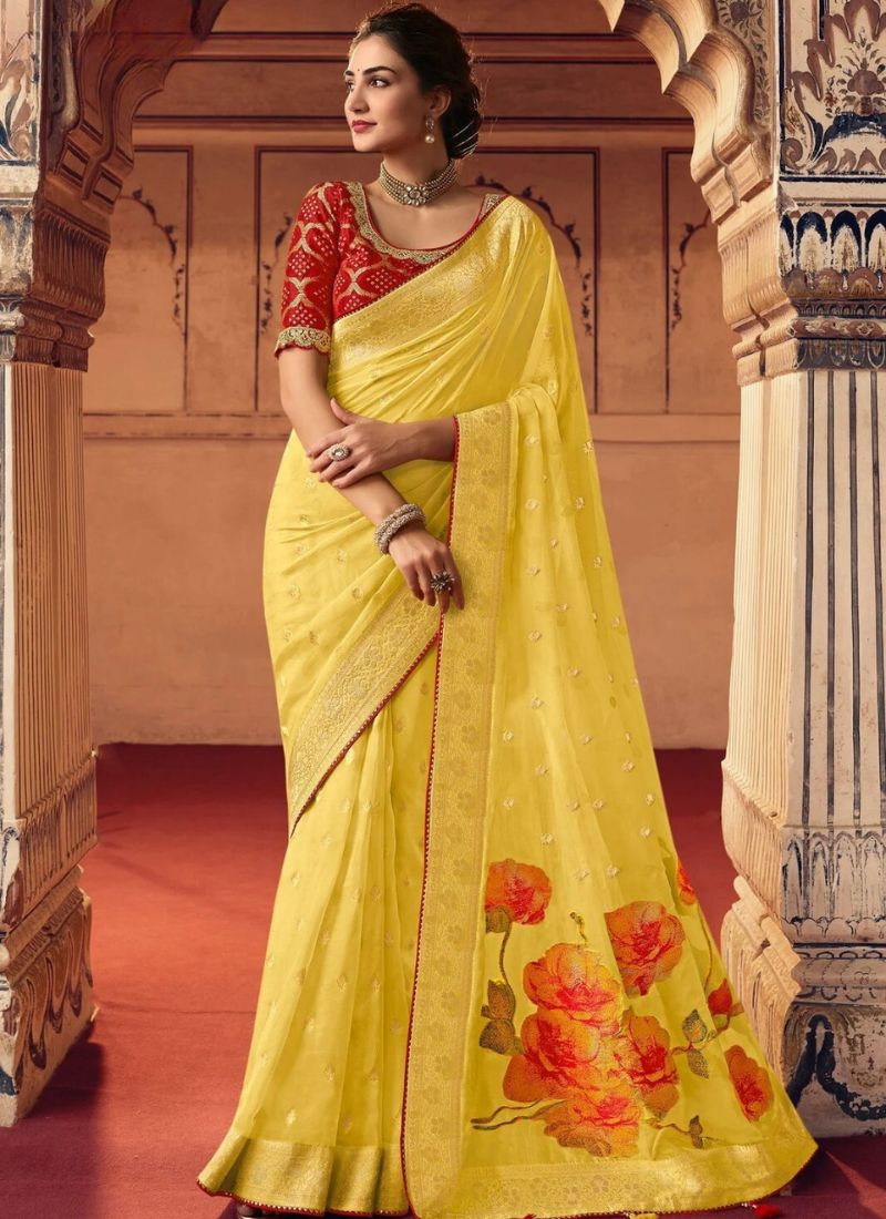 Embroidered Viscose Saree in Yellow