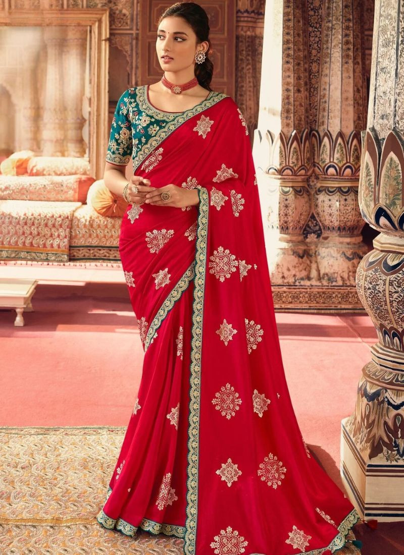 Embroidered Viscose Saree in Red