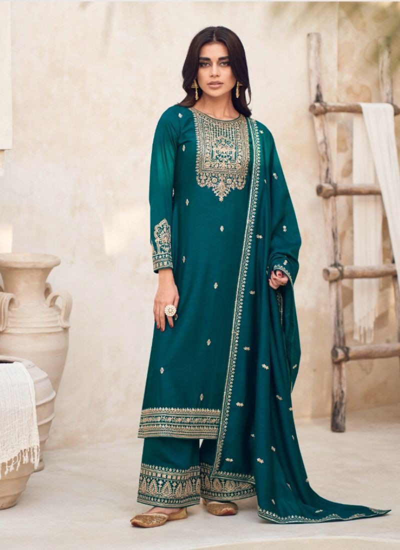Embroidered Premium Silk Suit set(Unstiched) in Teal Blue