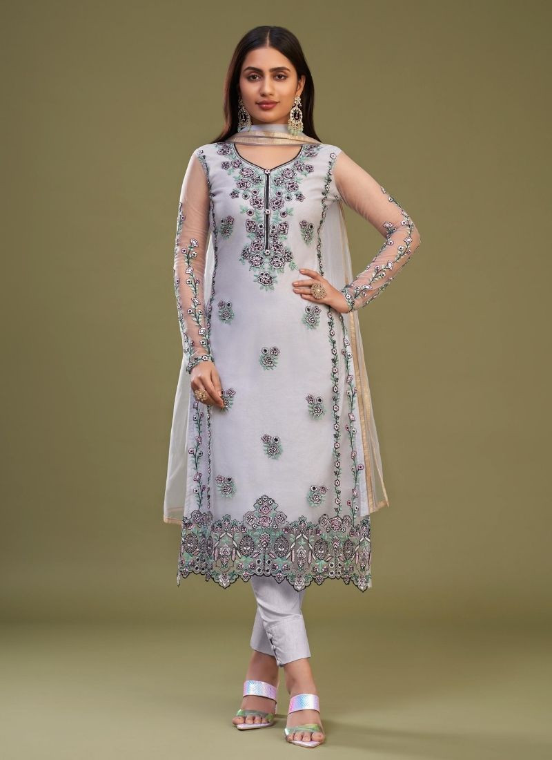 Multi Thread Embroidery Net Suit Set in Lavender