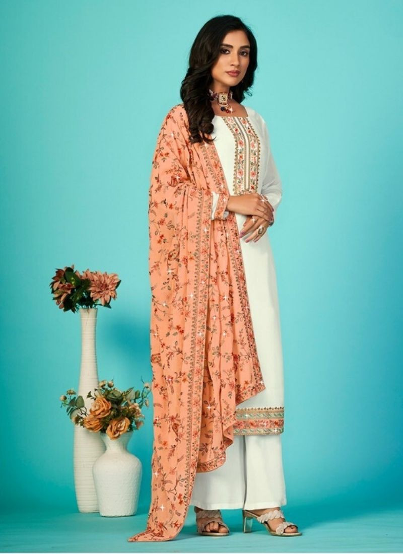 Pure Vichithra Embroidery Suit in White & Orange