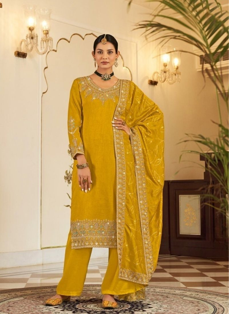 Embroidered Pure Vichithra Suit Set in Yellow