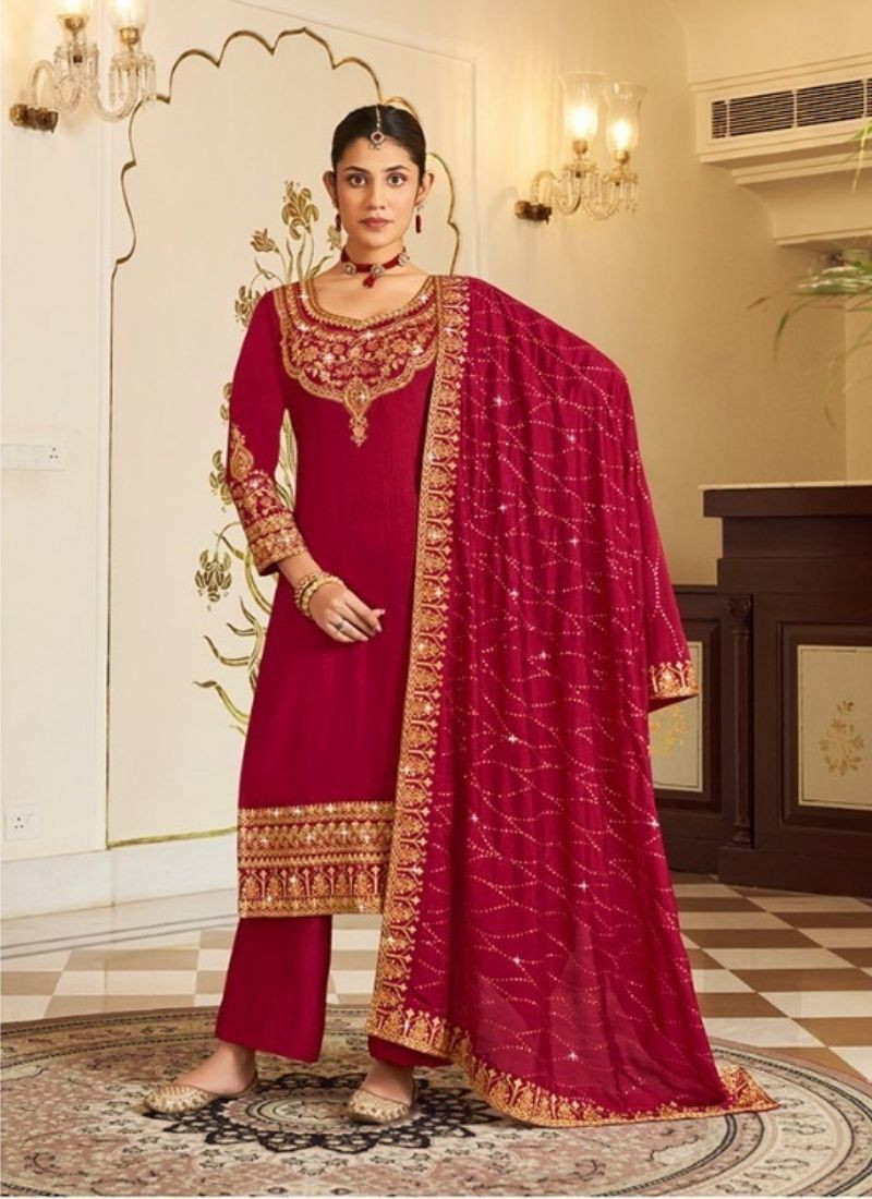 Embroidered Pure Vichithra Suit Set in Dark Pink