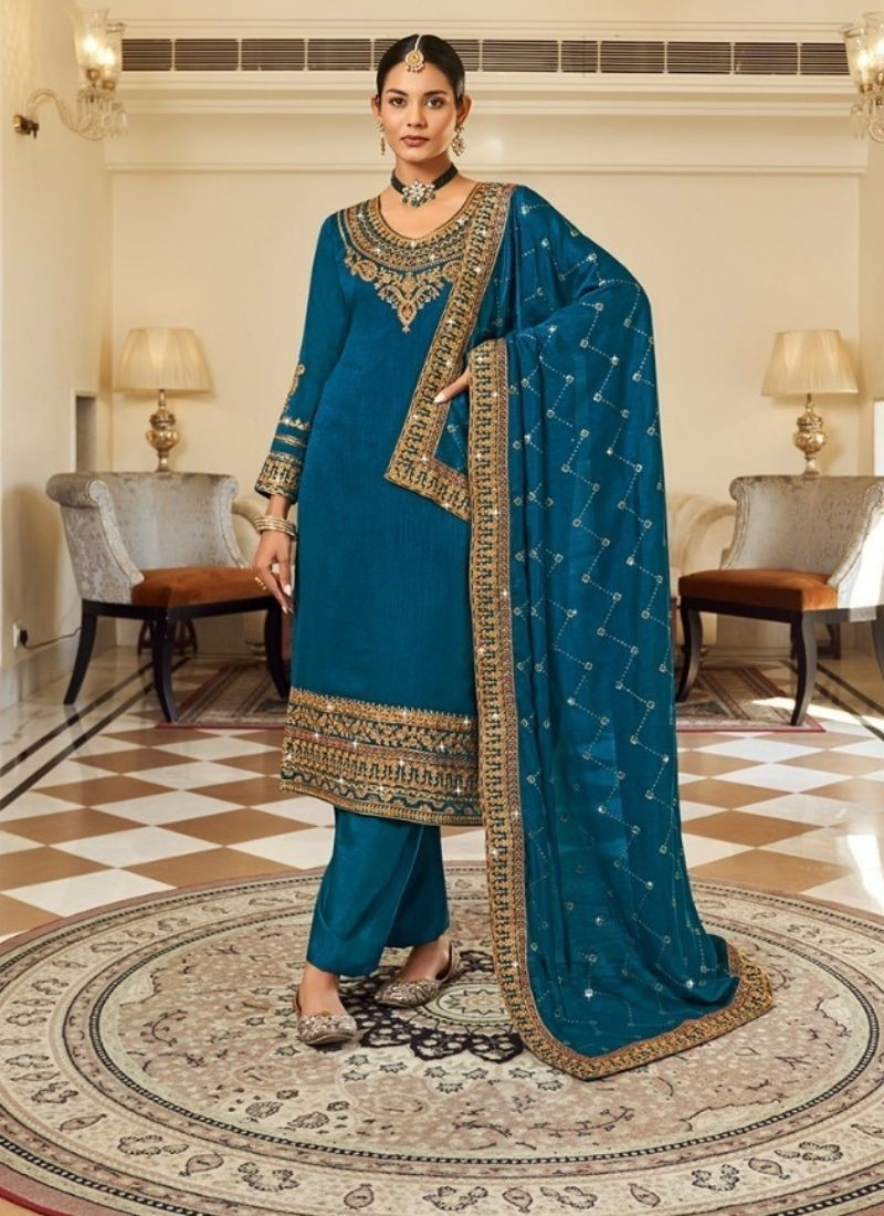 Embroidered Pure Vichithra Suit Set in Teal Blue