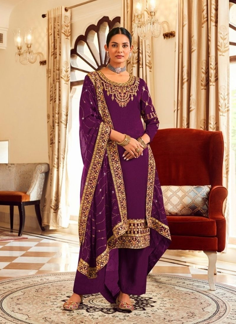 Embroidered Pure Vichithra Suit Set in Purple