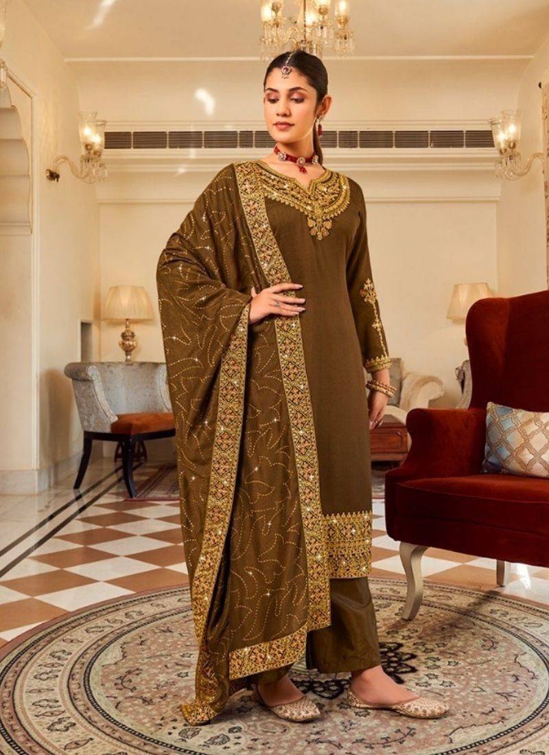 Embroidered Pure Vichithra Suit Set in Olive Green
