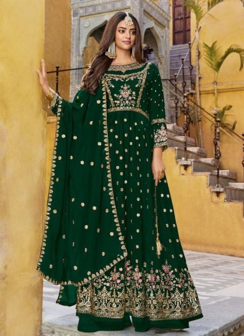 Embroidered Pure Georgette Suit Set in Green