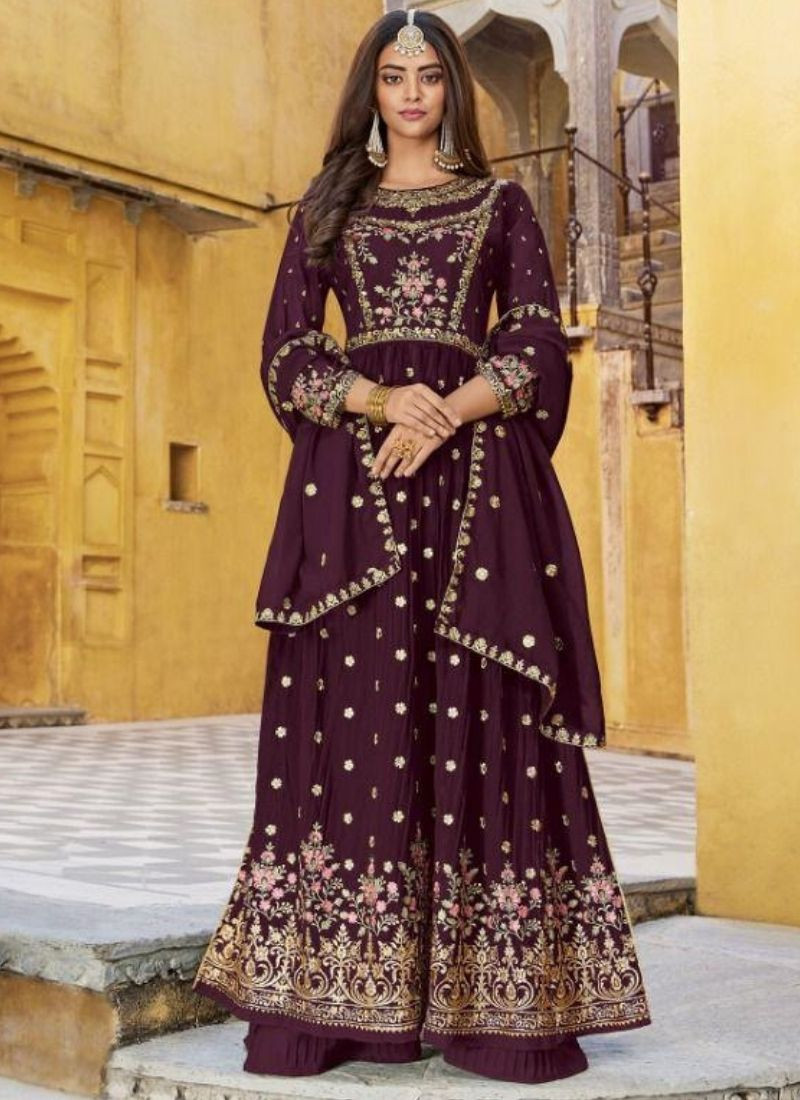 Embroidered Pure Georgette Suit Set in Purple